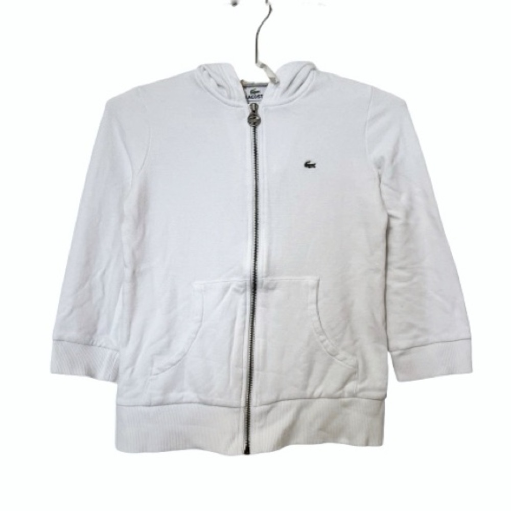 Lacoste White Cotton Terrycloth Zip Up Hoodie Sweater 3/4 Sleeve - Sz 36 / Sz S